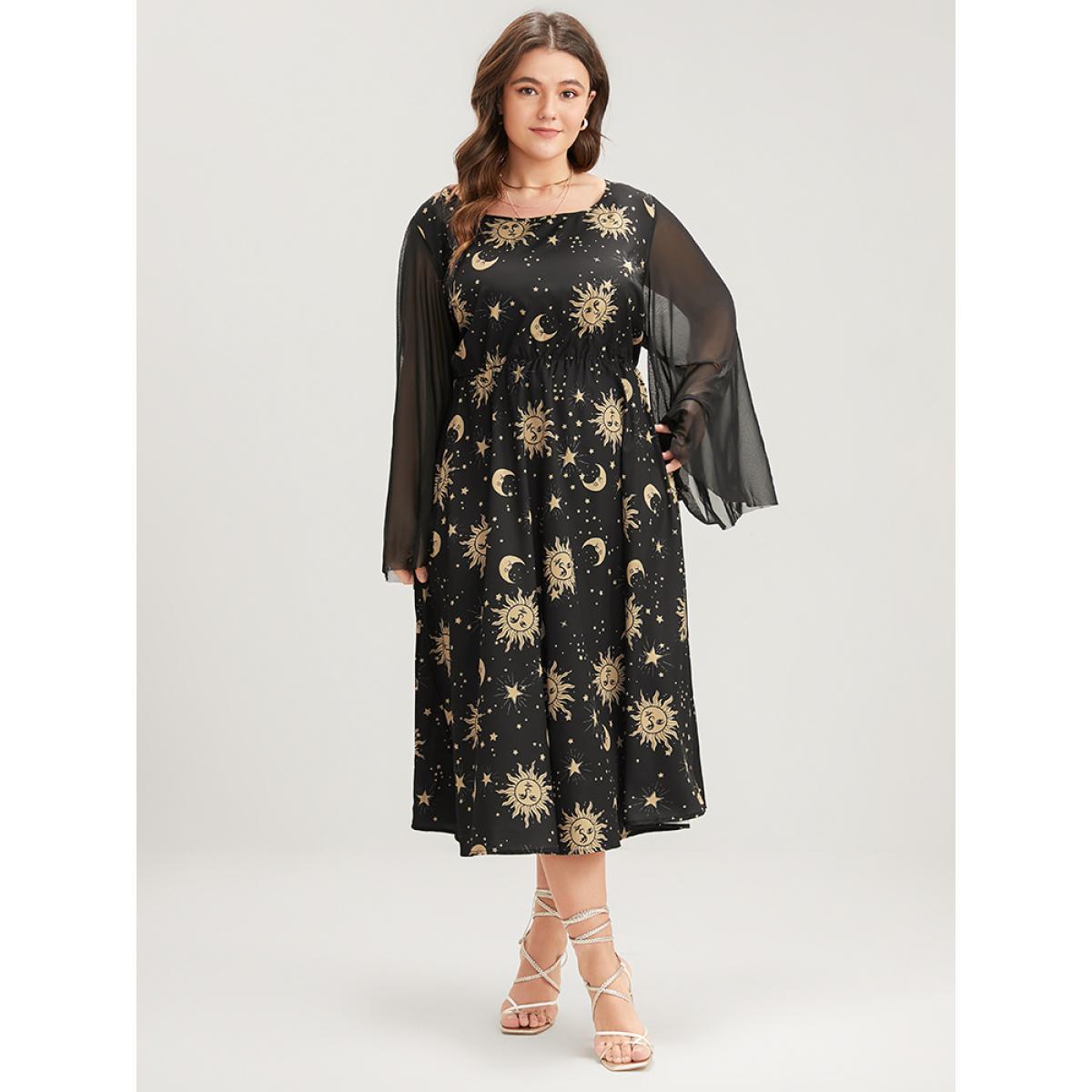 Plus Size Halloween Moon And Star Bell Sleeve Pocket Crew Neck Midi Dress Black Women Elegant Patchwork Round Neck Long Sleeve Curvy Midi Dress BloomChic 12/L Product Image