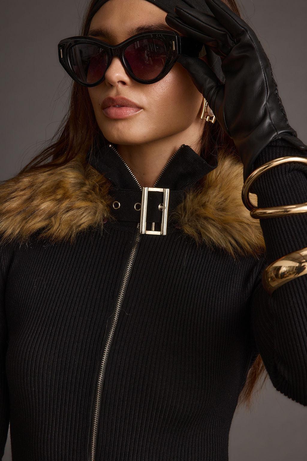 Apres Faux Fur Trimmed Black Ribbed Knit Jumpsuit Product Image