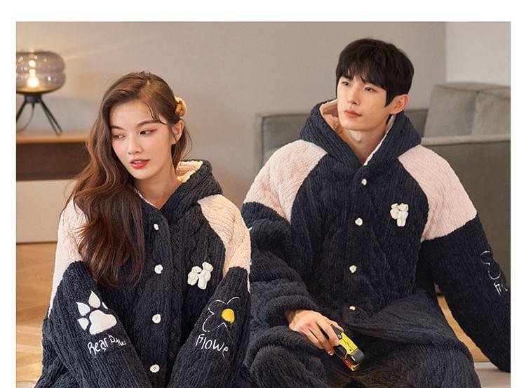 Couple Matching Pajama Set: Cartoon Patterned Hood Coral Fleece Button Jacket + Straight Leg Pants Product Image