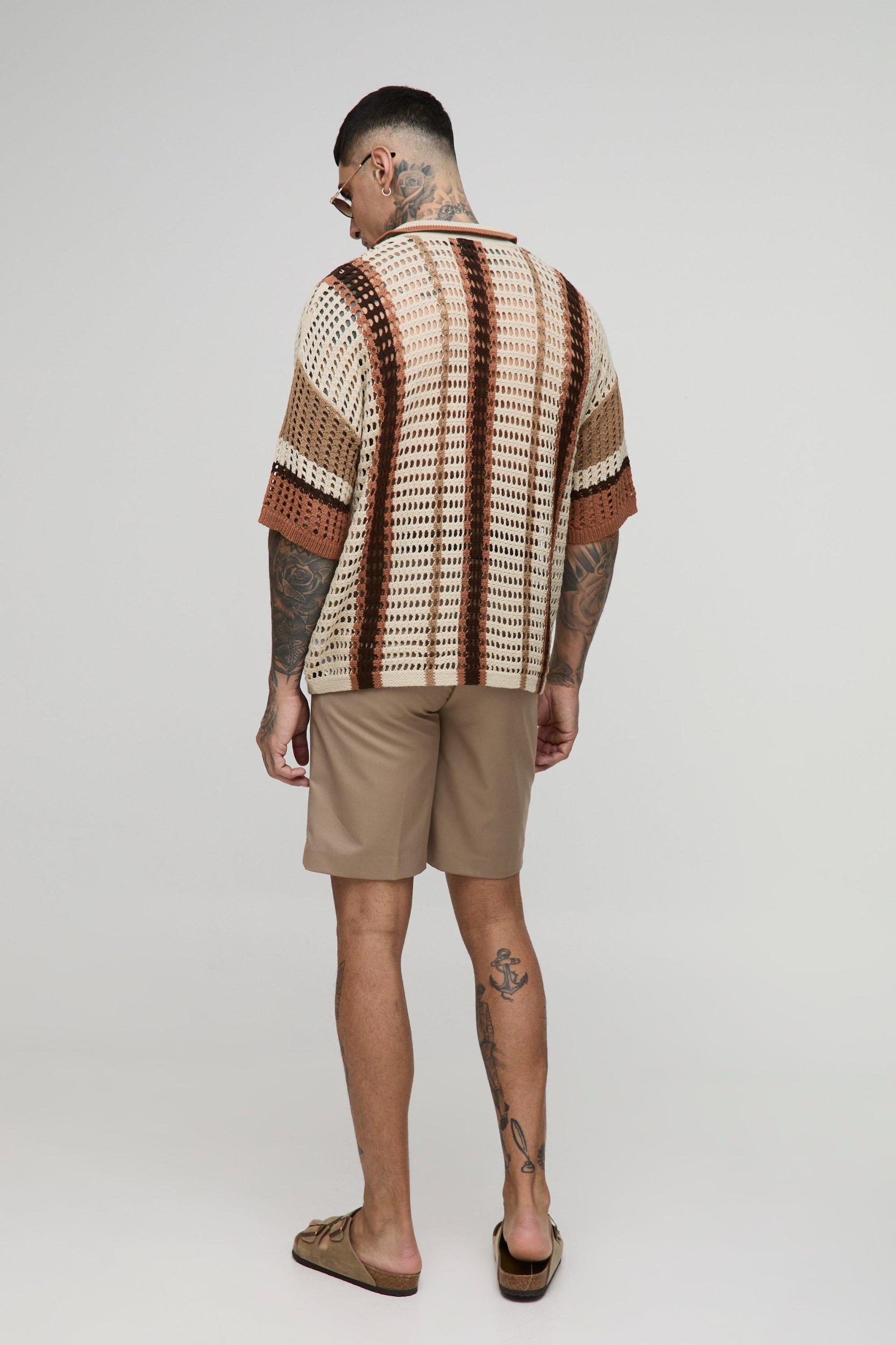 Tall Boxy Oversized Stripe Open Knit Polo | boohooMAN USA Product Image