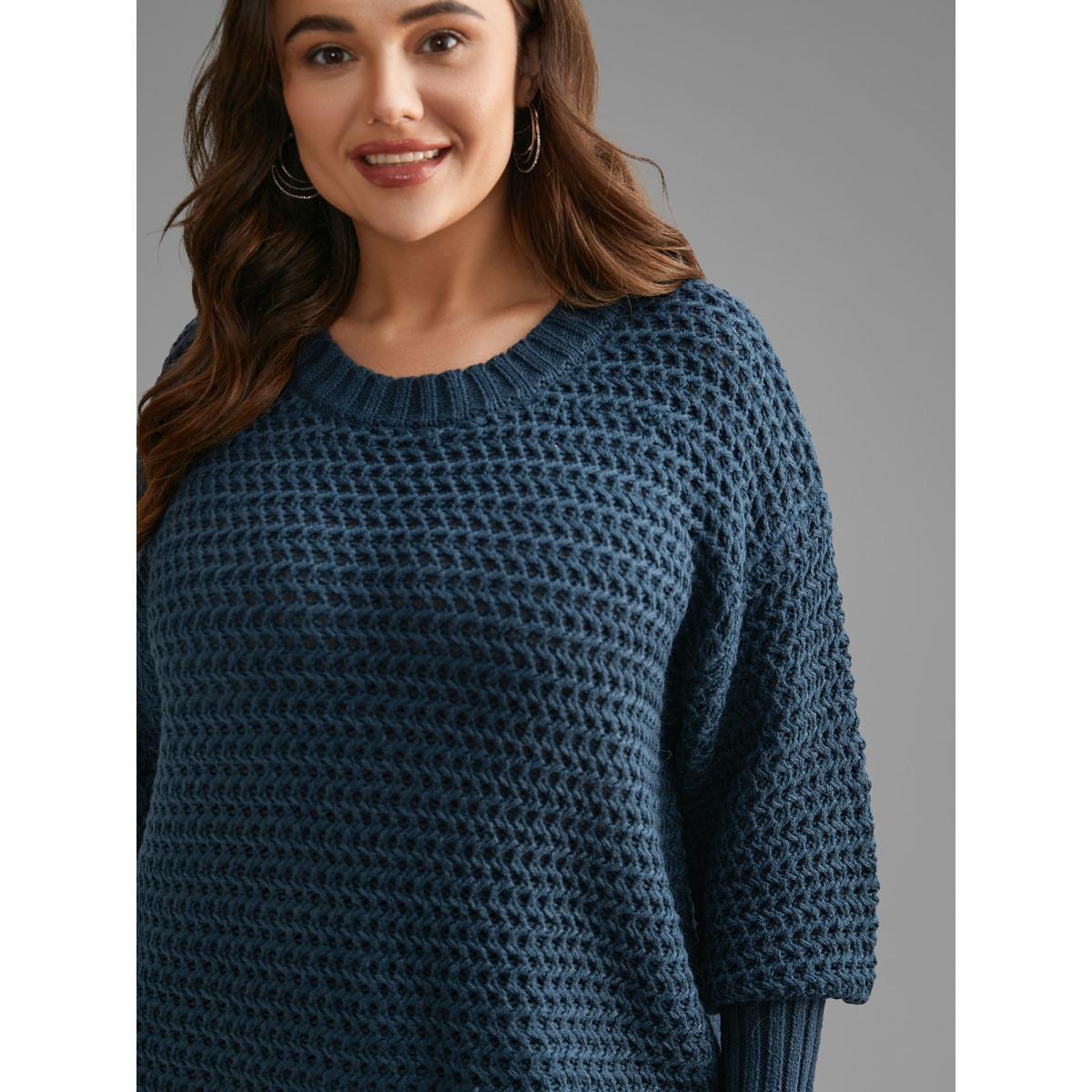 Plus Size Texture Drop Shoulder Split Hem Pullover Cyan Women Casual Loose Long Sleeve Round Neck Everyday Pullovers BloomChic 26/4X Product Image