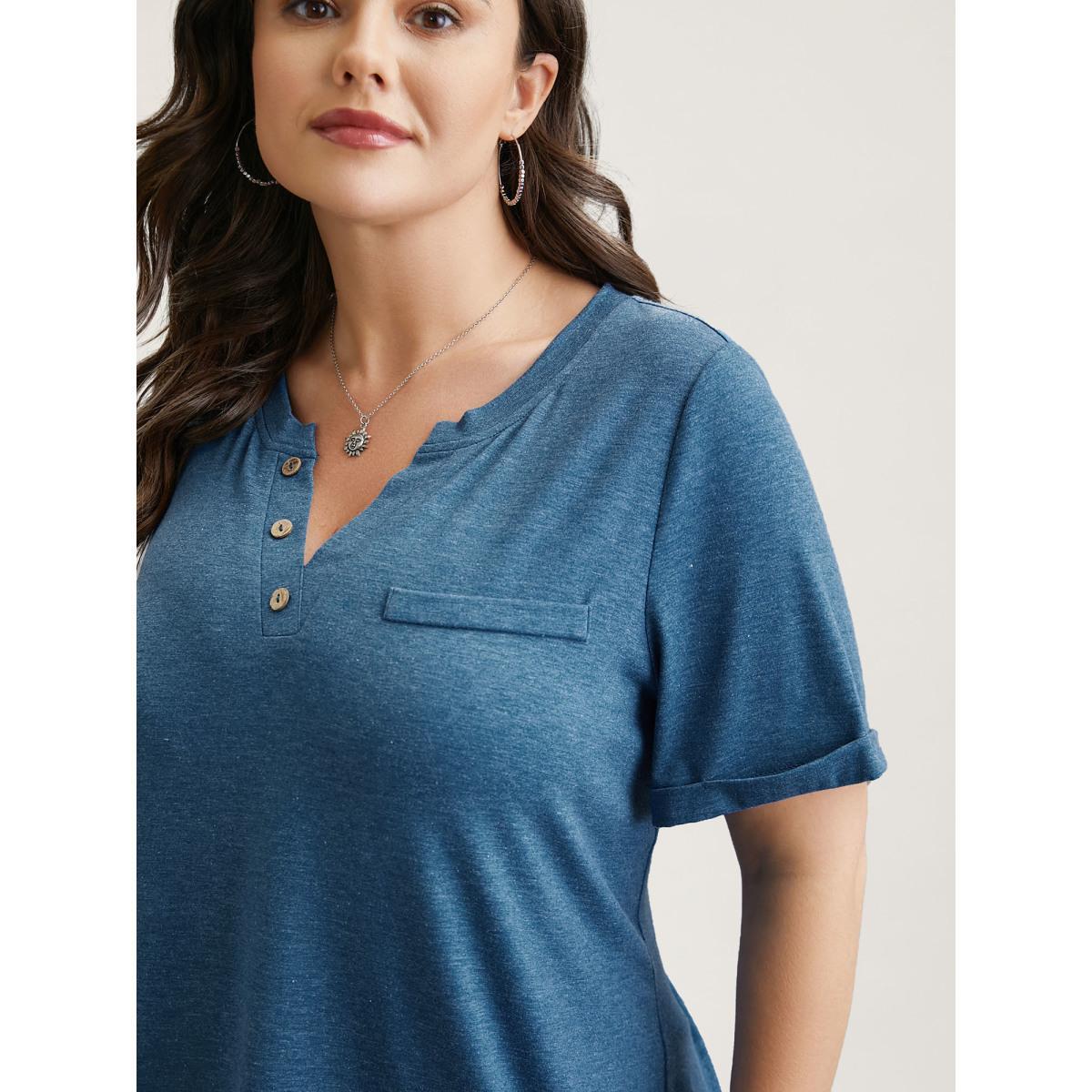 Plus Size Button-Front Half Sleeve Fitted T-Shirt Cerulean Women Casual Roll Hem Notched collar Everyday T-shirts BloomChic 14-16/1X Product Image