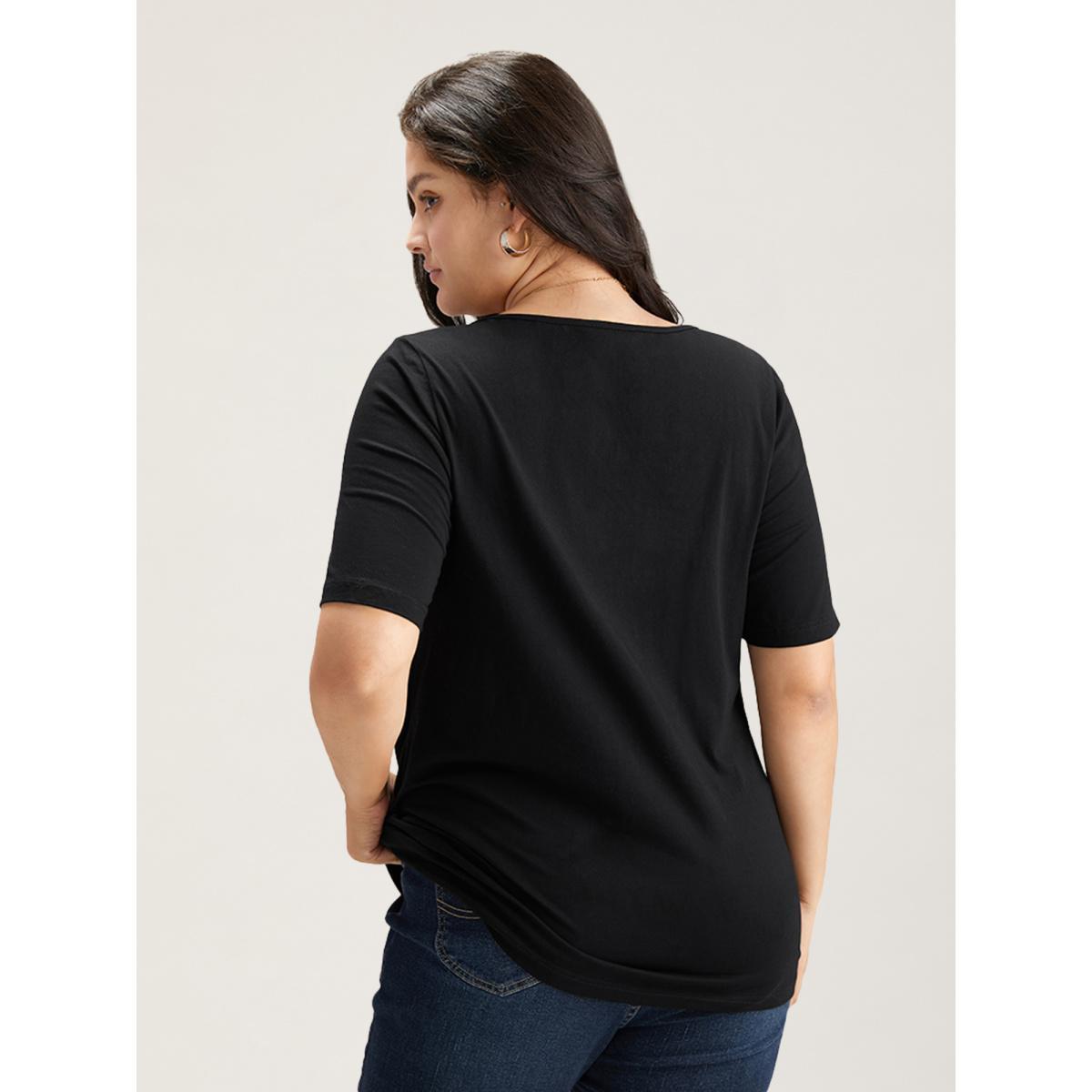 Plus Size Cotton V Neck Plain Basic T-shirt Black Women Basics Non Plain V-neck Everyday T-shirts BloomChic 12/L Product Image