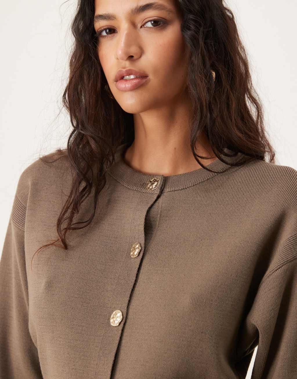 ASOS DESIGN knit structured crew neck cardigan with gold buttons in black Product Image