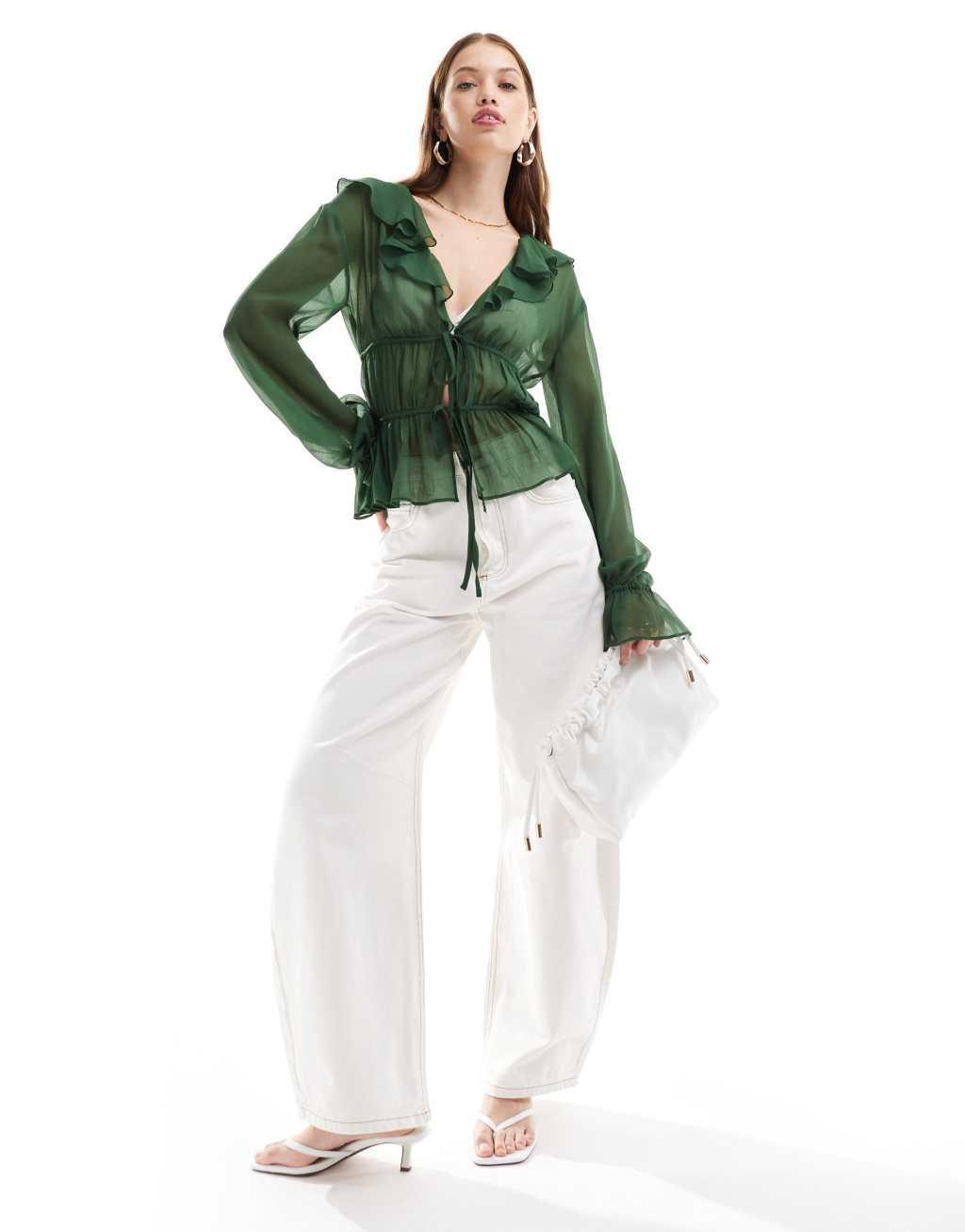 ASOS DESIGN sheer ruffle chiffon blouse with tie front in green Product Image