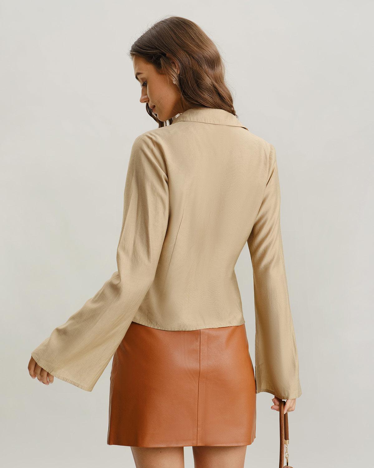 Khaki V Neck Bell Sleeve Shirt Product Image