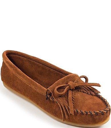 Minnetonka Kilty Suede Bow Detail Fringe Moccasins Product Image