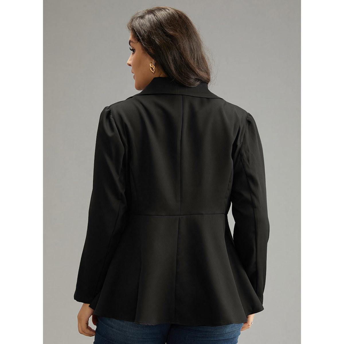 Plus Size Plain Button Up Ruffles Blazer Black Women Work Plain Plain Sleeve Long Sleeve Suit Collar 26/4X Office Blazers BloomChic Product Image