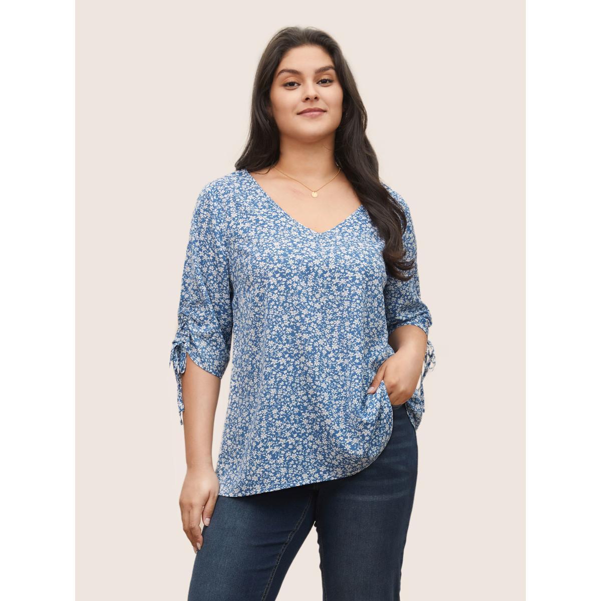 Plus Size Cerulean Ditsy Floral Knot Ties Sleeve Blouse Women Elegant Elbow-length sleeve V-neck Everyday Blouses BloomChic 14-16/1X Product Image