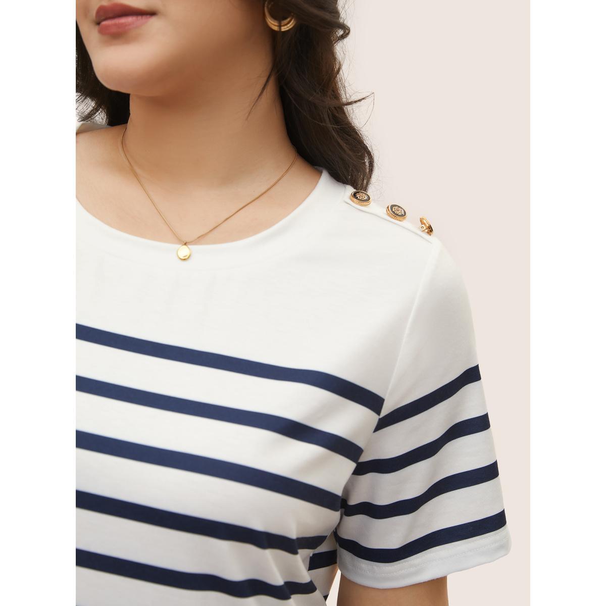 Plus Size Striped Contrast Round Neck Button Detail T-shirt Indigo Women Work From Home Contrast Striped Round Neck Work T-shirts BloomChic 30/6X Product Image
