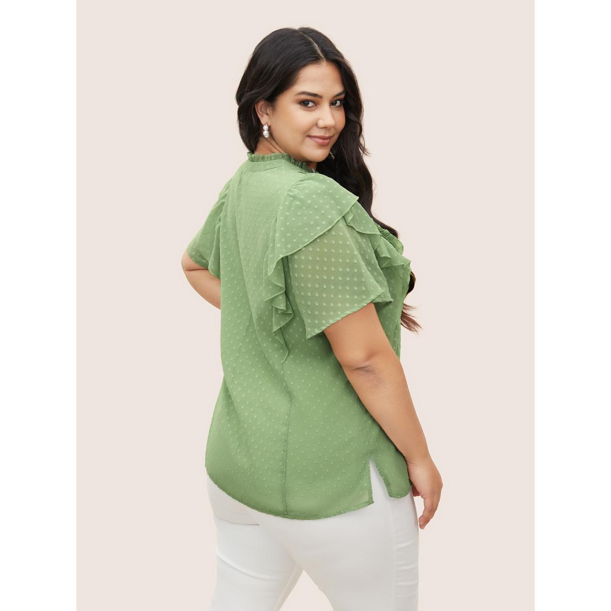 Plus Size Mint Texture Frill Trim Ruffle Sleeve Blouse Women Elegant Short sleeve Mock Neck Everyday Blouses BloomChic 30/6X Product Image