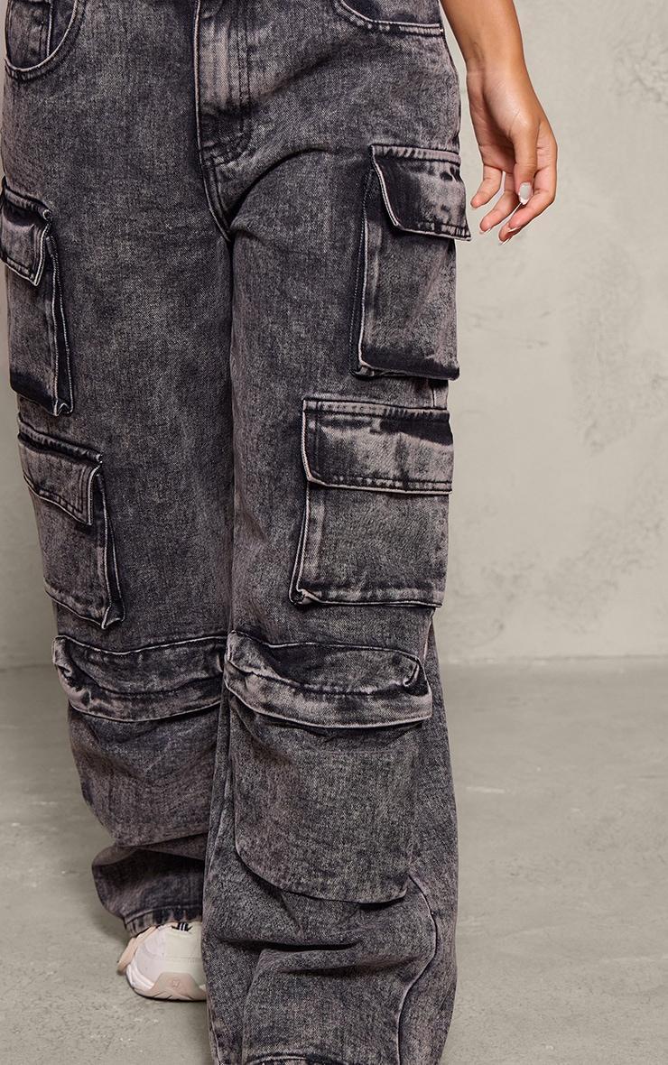 Petite Washed Black Denim Cargo Wide Leg Jeans Product Image