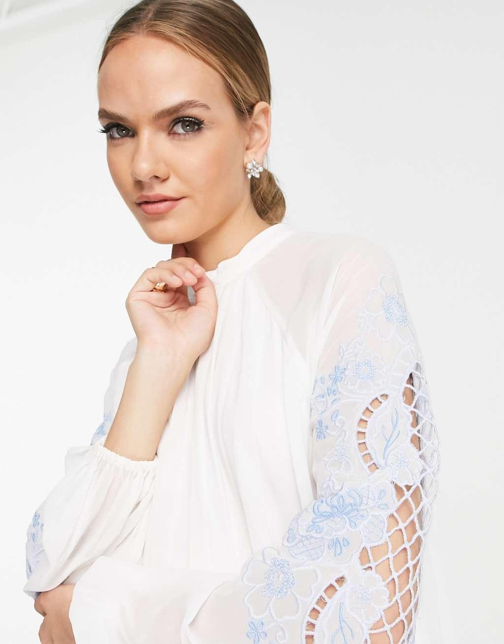 ASOS DESIGN pleated babydoll mini dress with oversized cutwork sleeve Product Image