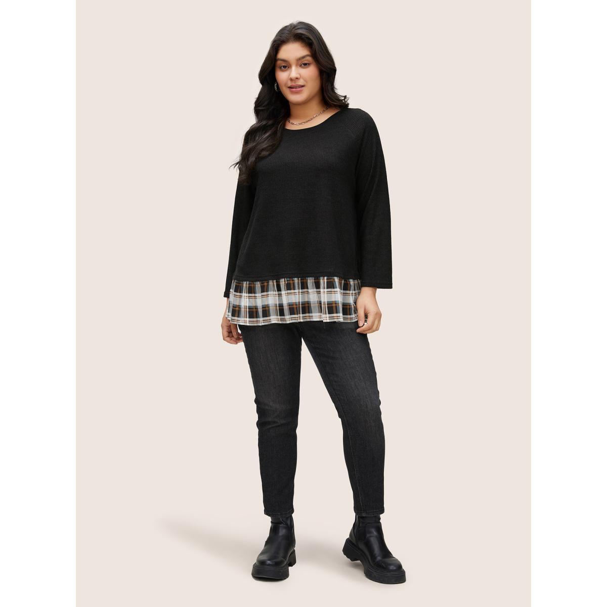 Plus Size Rib Knit Plaid Patchwork Raglan Sleeve T-shirt Black Women Casual Texture Plaid Round Neck Everyday T-shirts BloomChic 18-20/2X Product Image
