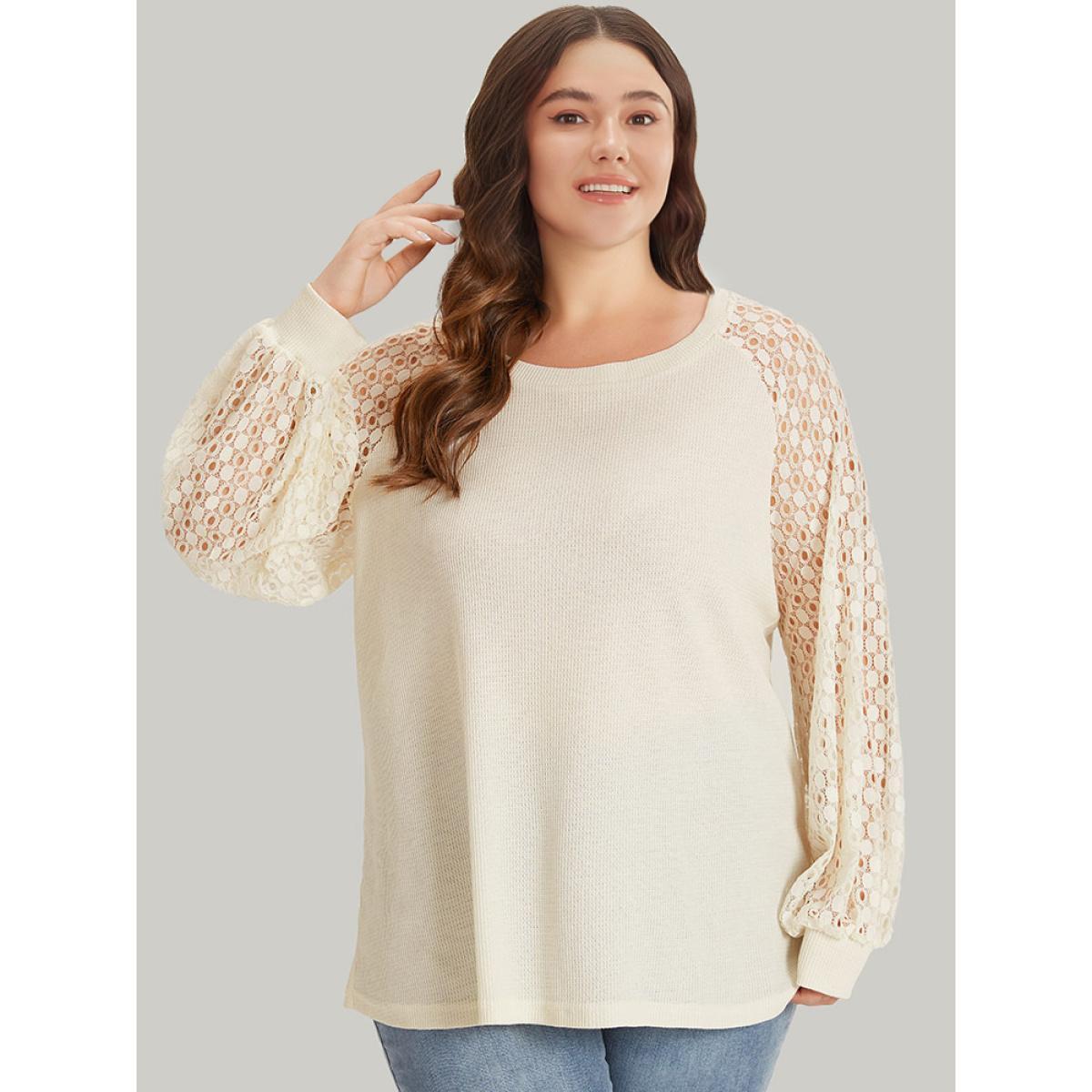 Plus Size Lace Panel Raglan Sleeve Waffle Knit Sweatshirt Women Ivory Elegant Patchwork Round Neck Dailywear Sweatshirts BloomChic 26/4X Product Image