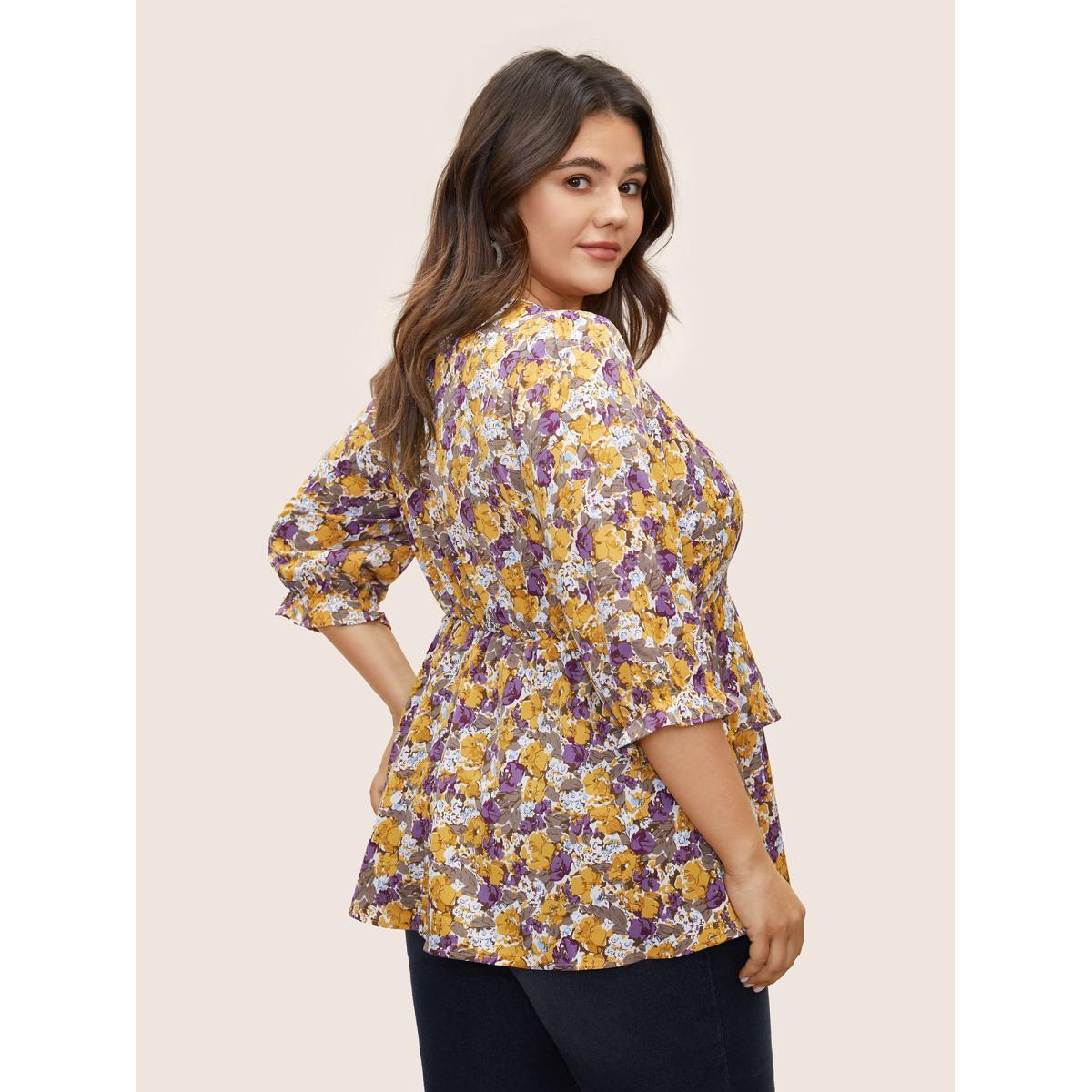 Plus Size Apricot Floral Allover Print Ruffles Tiered Hem Blouse Women Elegant Elbow-length sleeve Notched collar Everyday Blouses BloomChic 10/M Product Image