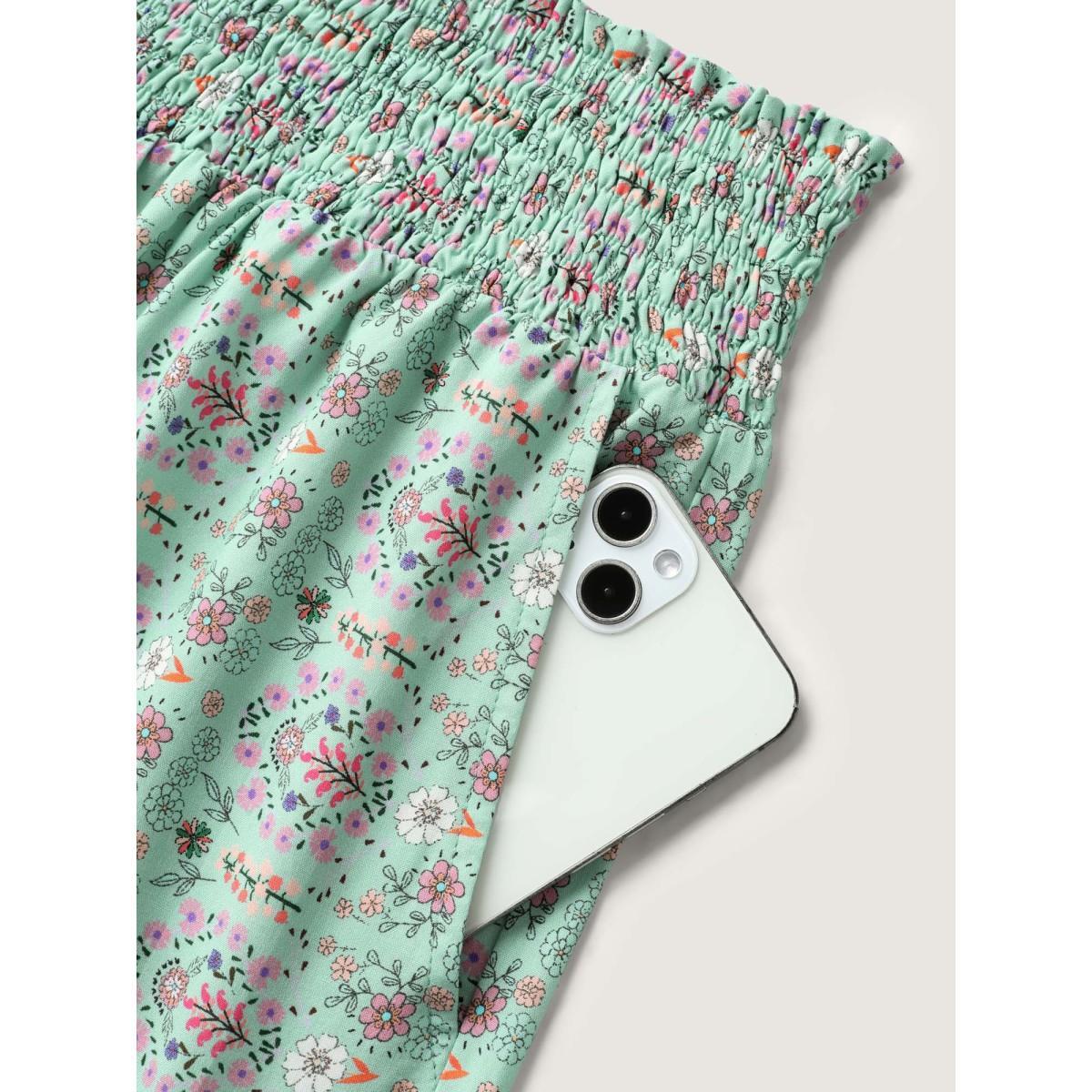 Plus Size Shirred Waist Floral Print Wide-Leg Pants Women Malachitegreen Beach Wide Leg Mid Rise Vacation Pants BloomChic 10/M Product Image