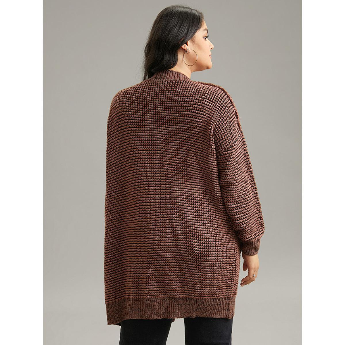 Plus Size Plisse Plain Patched Pocket Tunic Cardigan DarkBrown Women Casual Loose Long Sleeve Dailywear Cardigans BloomChic 28/5X Product Image