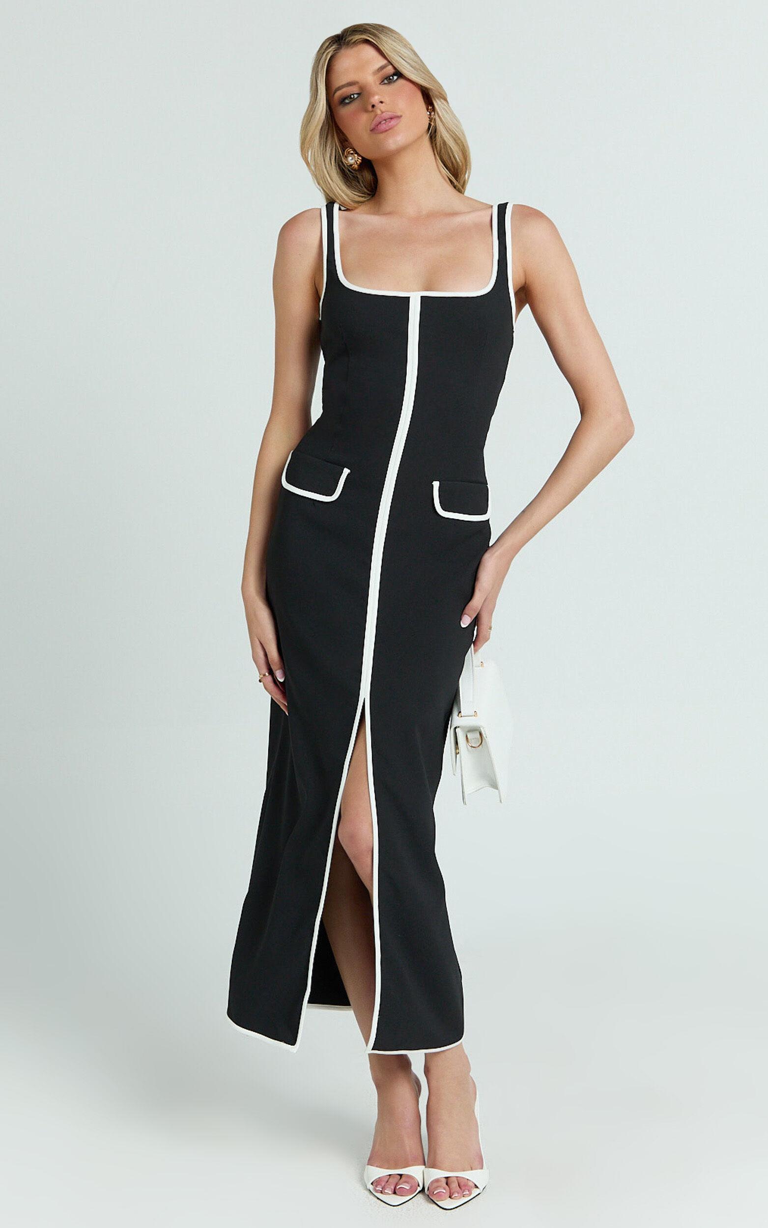 Xyra Midi Dress - Square Neck Contrast Bind Fitted Dress in Black Product Image