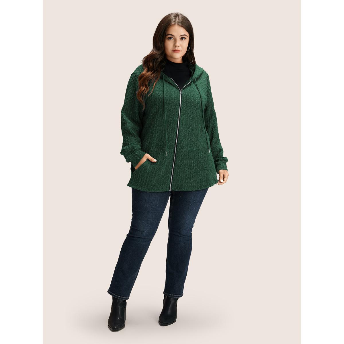 Plus Size Plain Textured Zipper Hooded Sweatshirt Women DarkGreen Casual Non Hooded Everyday Sweatshirts BloomChic 18-20/2X Product Image