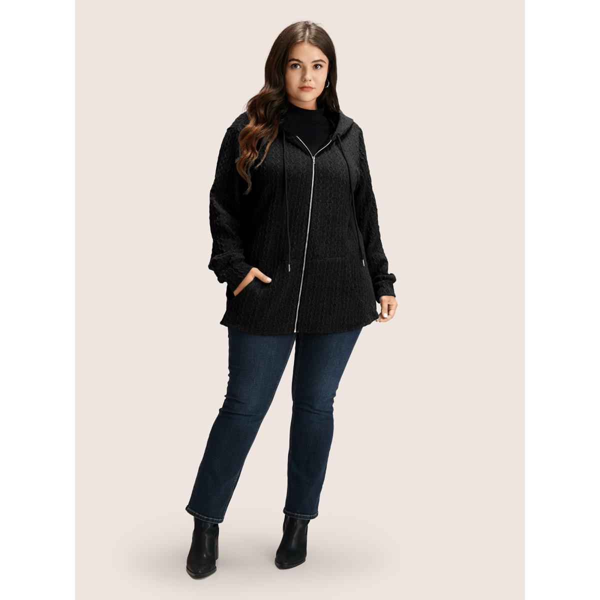 Plus Size Plain Textured Zipper Hooded Sweatshirt Women Black Casual Non Hooded Everyday Sweatshirts BloomChic 28/5X Product Image