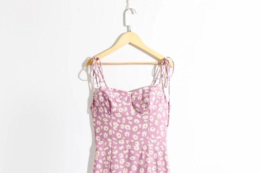 Spaghetti Strap Floral Print Slit Midi A-Line Dress Product Image