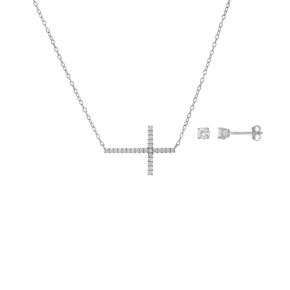 PRIMROSE Sterling Silver Cubic Zirconia Cross Necklace & Stud Earrings Set, Women's, Size: 18", Silver Tone White Product Image