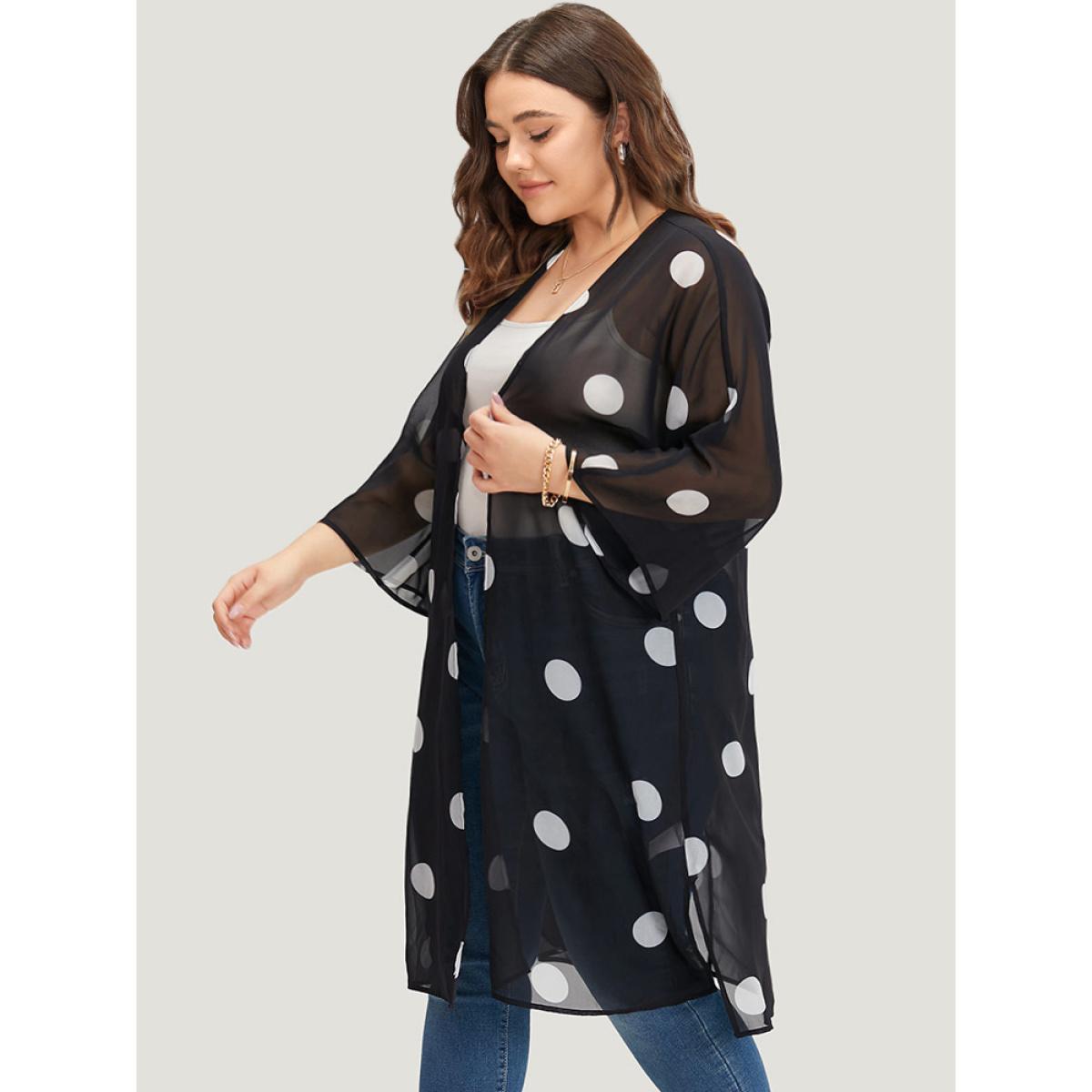 Plus Size Polka Dot Mesh Drape Open Front Kimono Women Black Casual Drape Loose Dailywear Kimonos BloomChic 30/6X Product Image