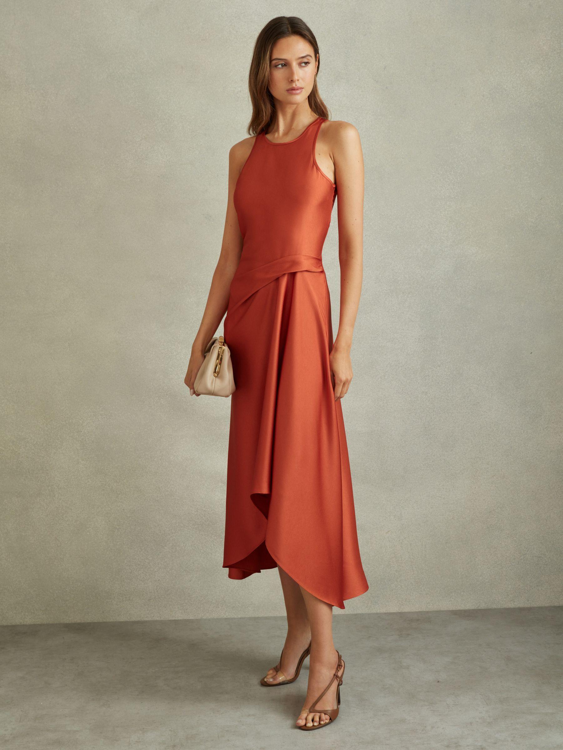 Satin Drape Tuck Midi Dress in Rust Product Image