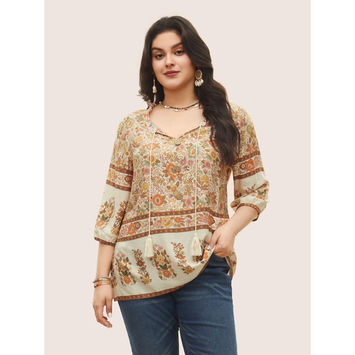 Plus Size Apricot Rayon Boho Print Button Detail Tie Neck Blouse Women Resort Elbow-length sleeve Notched collar Vacation Blouses BloomChic 28/5X Product Image