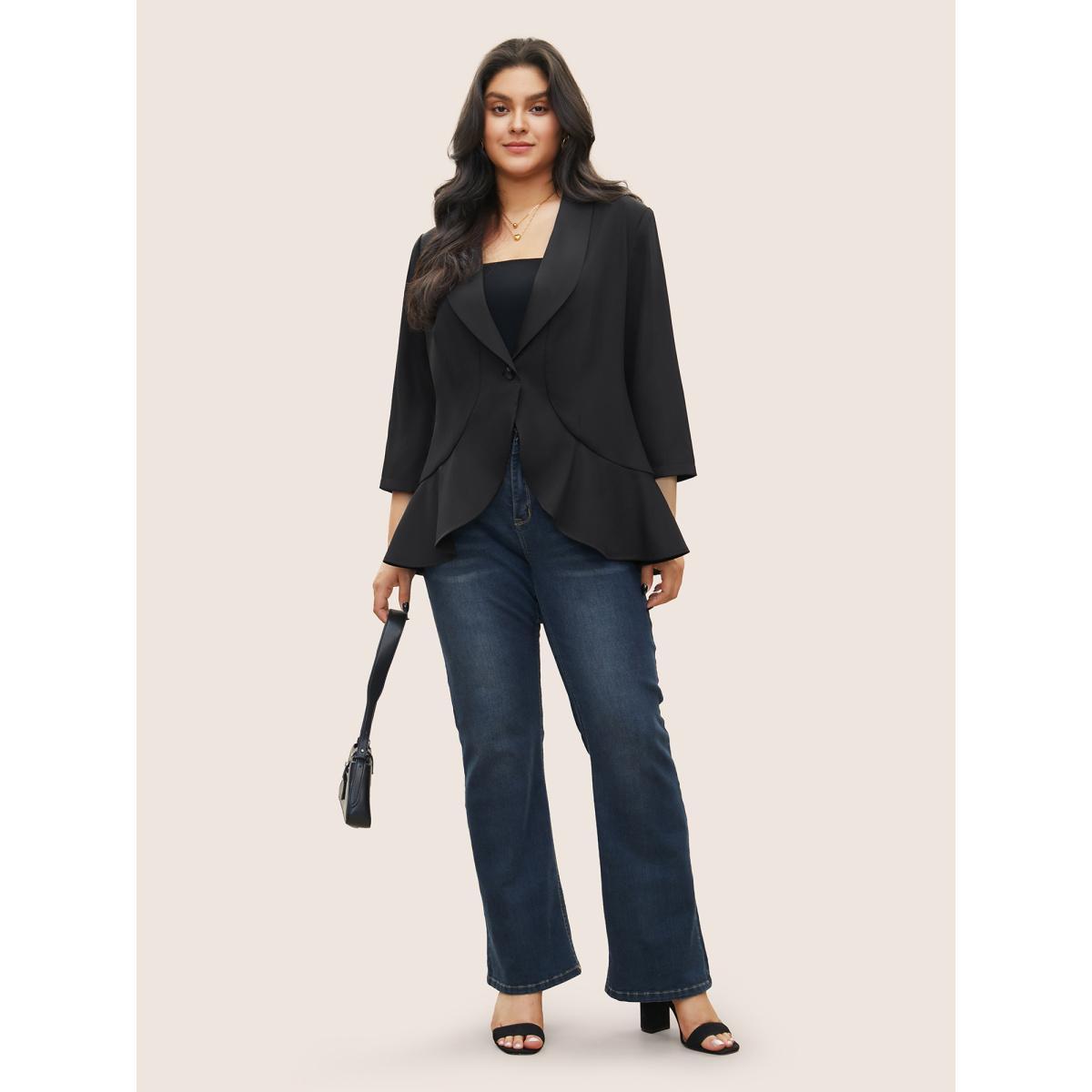 Plus Size Solid Patchwork Ruffles Blazer Black Women Work Plain Non Sleeve Elbow-length sleeve Suit Collar 14-16/1X At the Office Blazers BloomChic Product Image