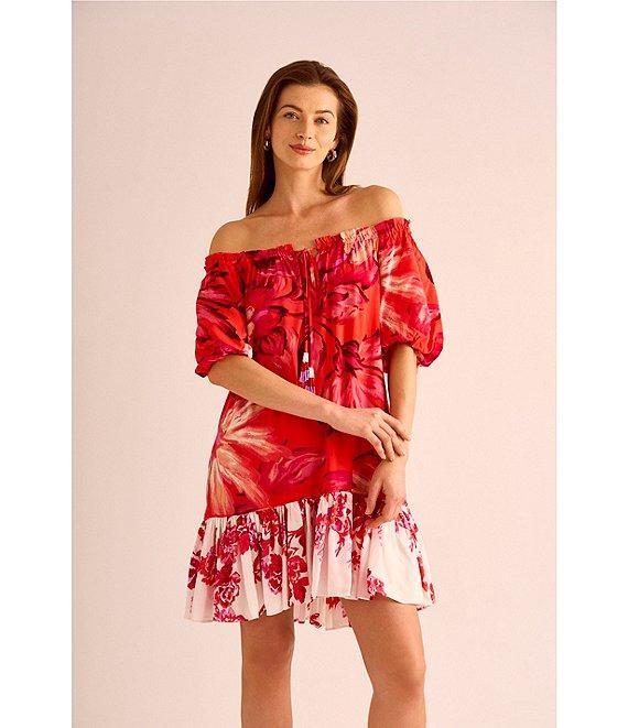 Vince Camuto Woven Floral Print Off-The-Shoulder 3/4 Sleeve Beaded Tiered Shift Dress Product Image