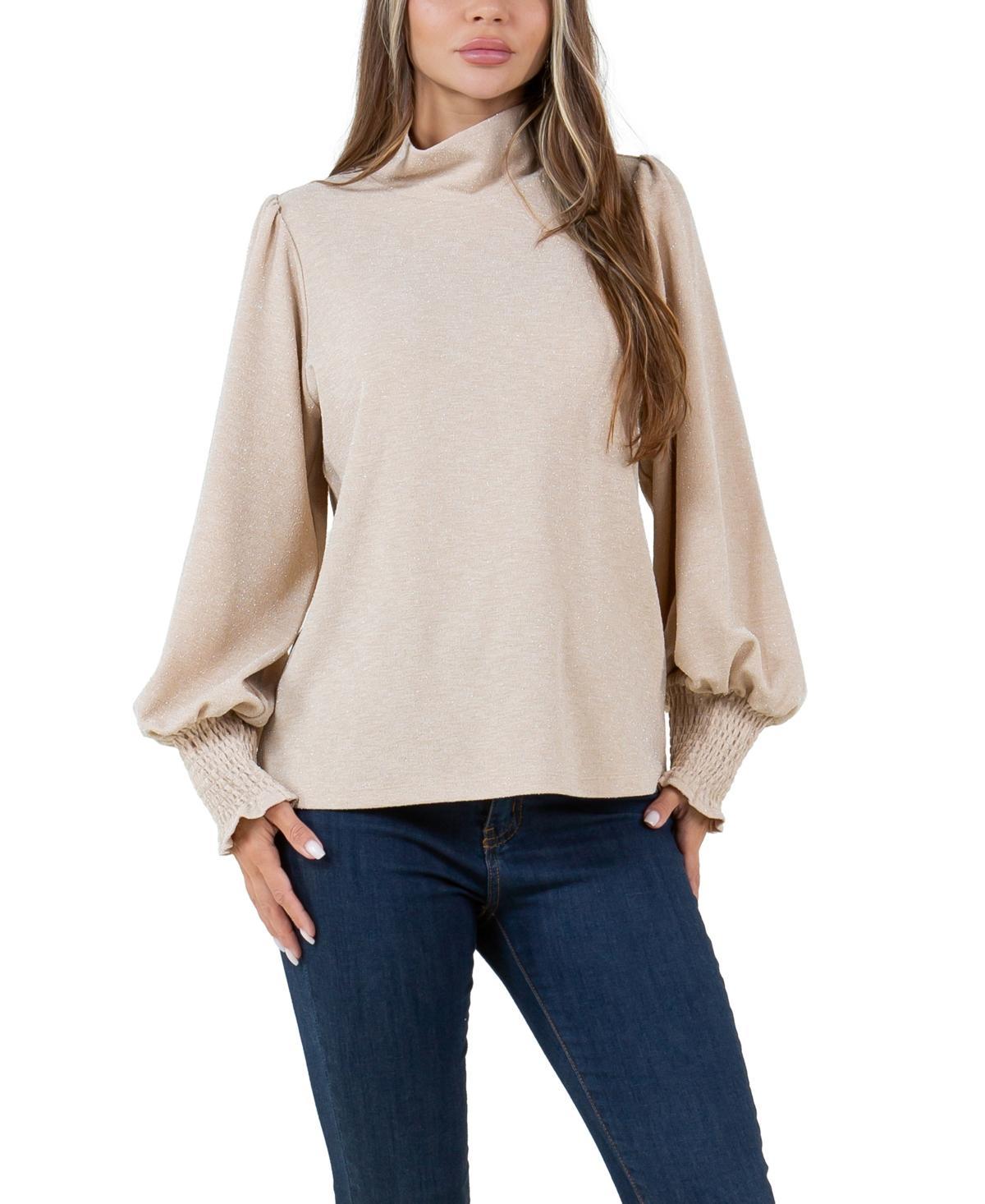 Fever Womens Lurex Knit Mock Neck Top with Smocked Sleeve Product Image