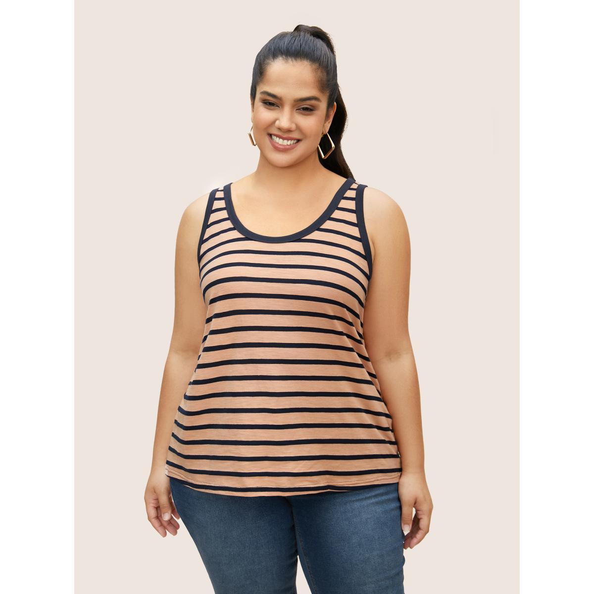 Plus Size Cotton Striped U Neck Contrast Trim Tank Top Women Lightorange Casual Contrast U-neck Everyday Tank Tops Camis BloomChic 18-20/2X Product Image
