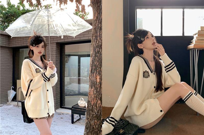 V-Neck Embroidered Striped Trim Button-Up Cardigan Product Image