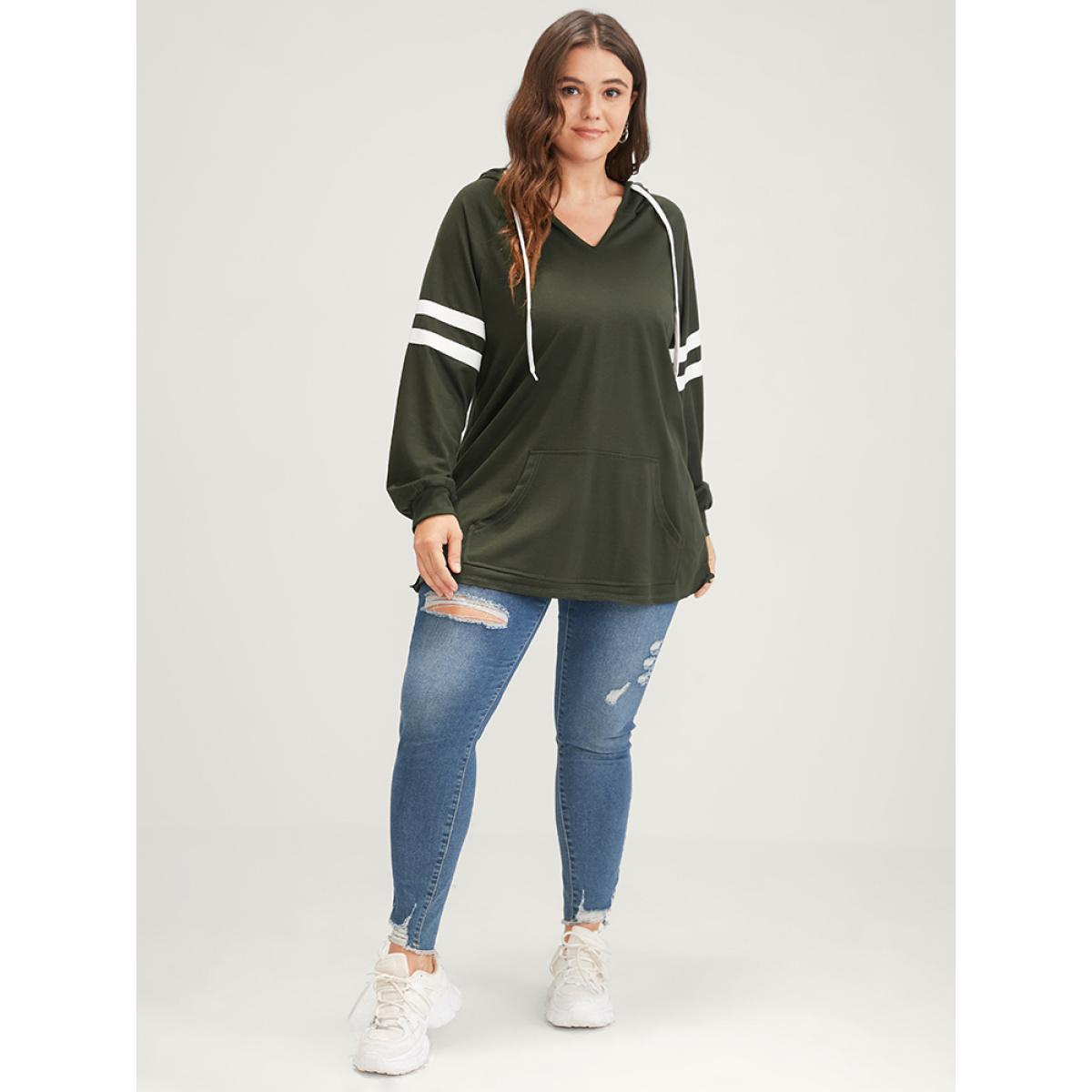 Plus Size Solid Contrast Pocket Drawstring Hooded Sweatshirt Women ArmyGreen Casual Contrast Hooded Dailywear Sweatshirts BloomChic 10/M Product Image