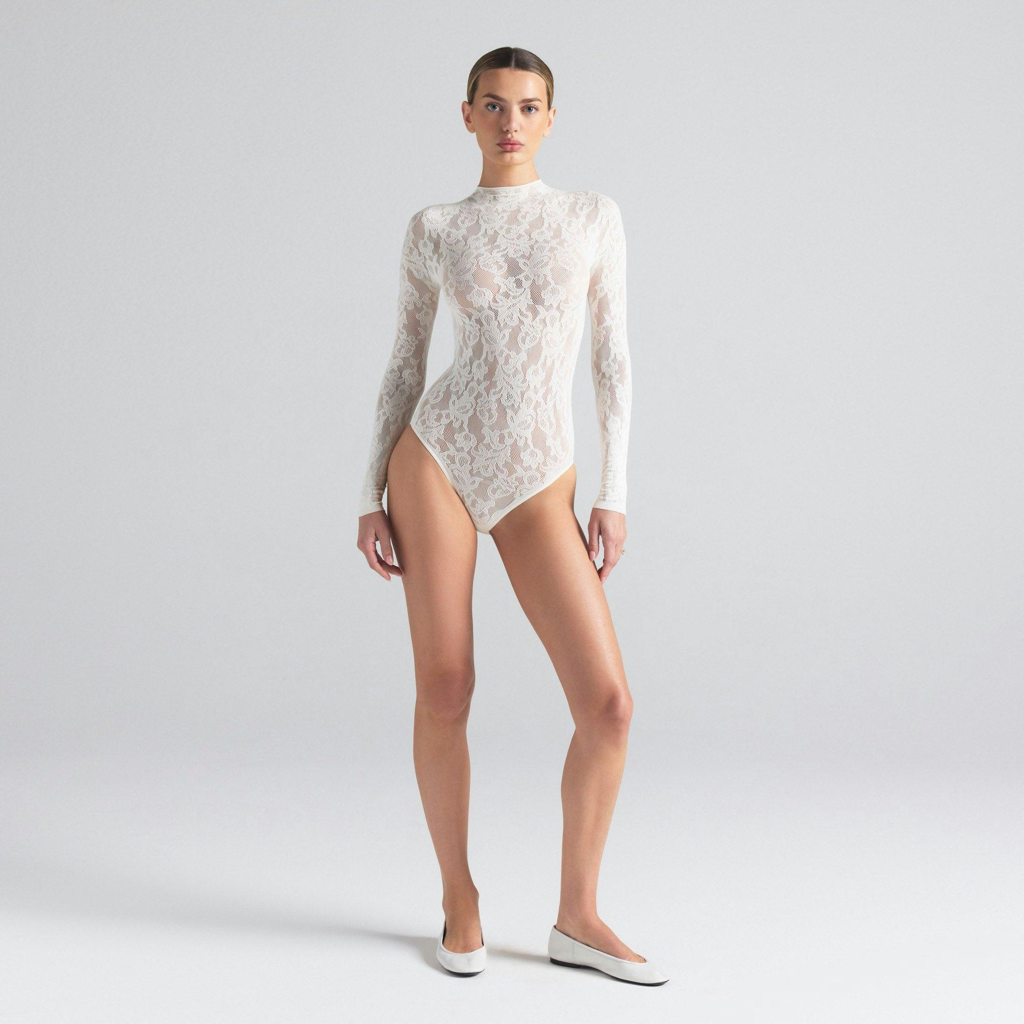 KNIT LACE MOCK NECK BODYSUIT | IVORY Product Image