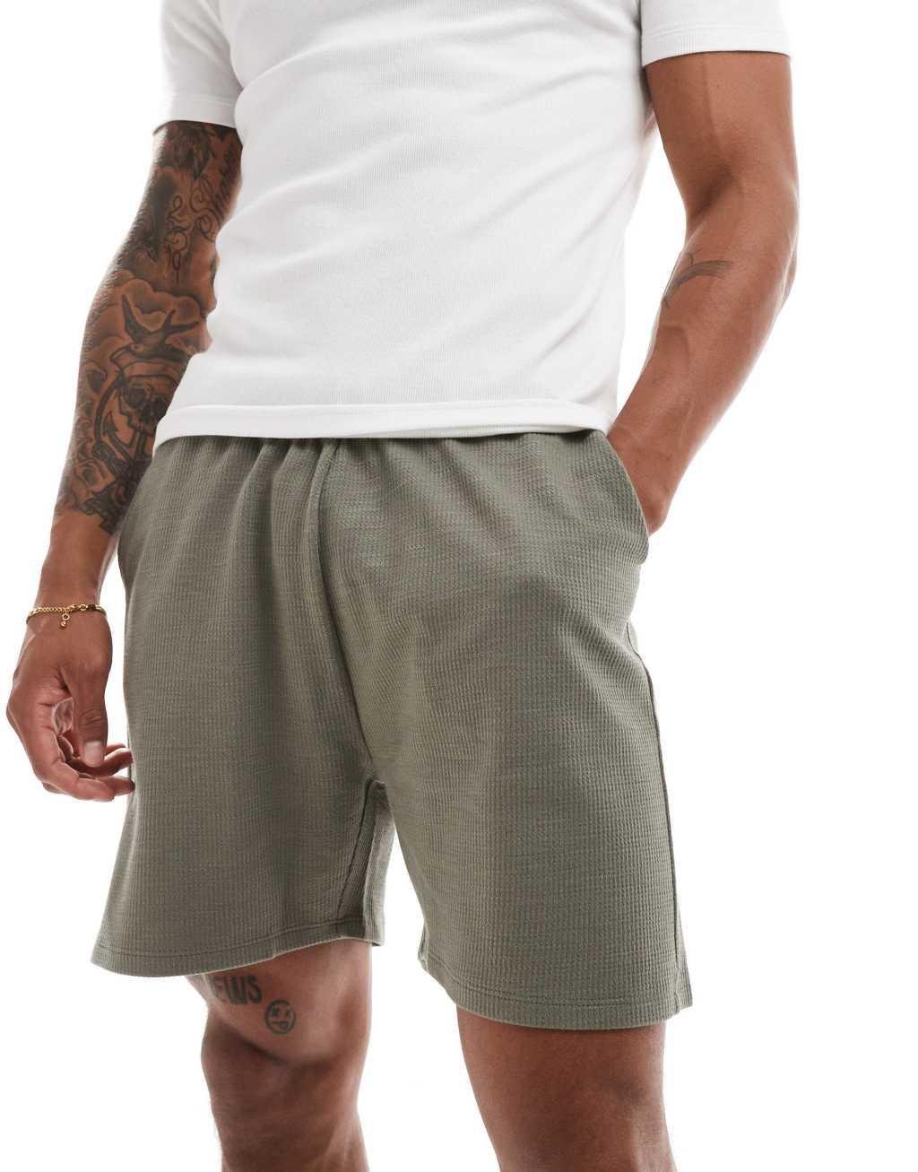 ASOS DESIGN textured lounge shorts in khaki Product Image