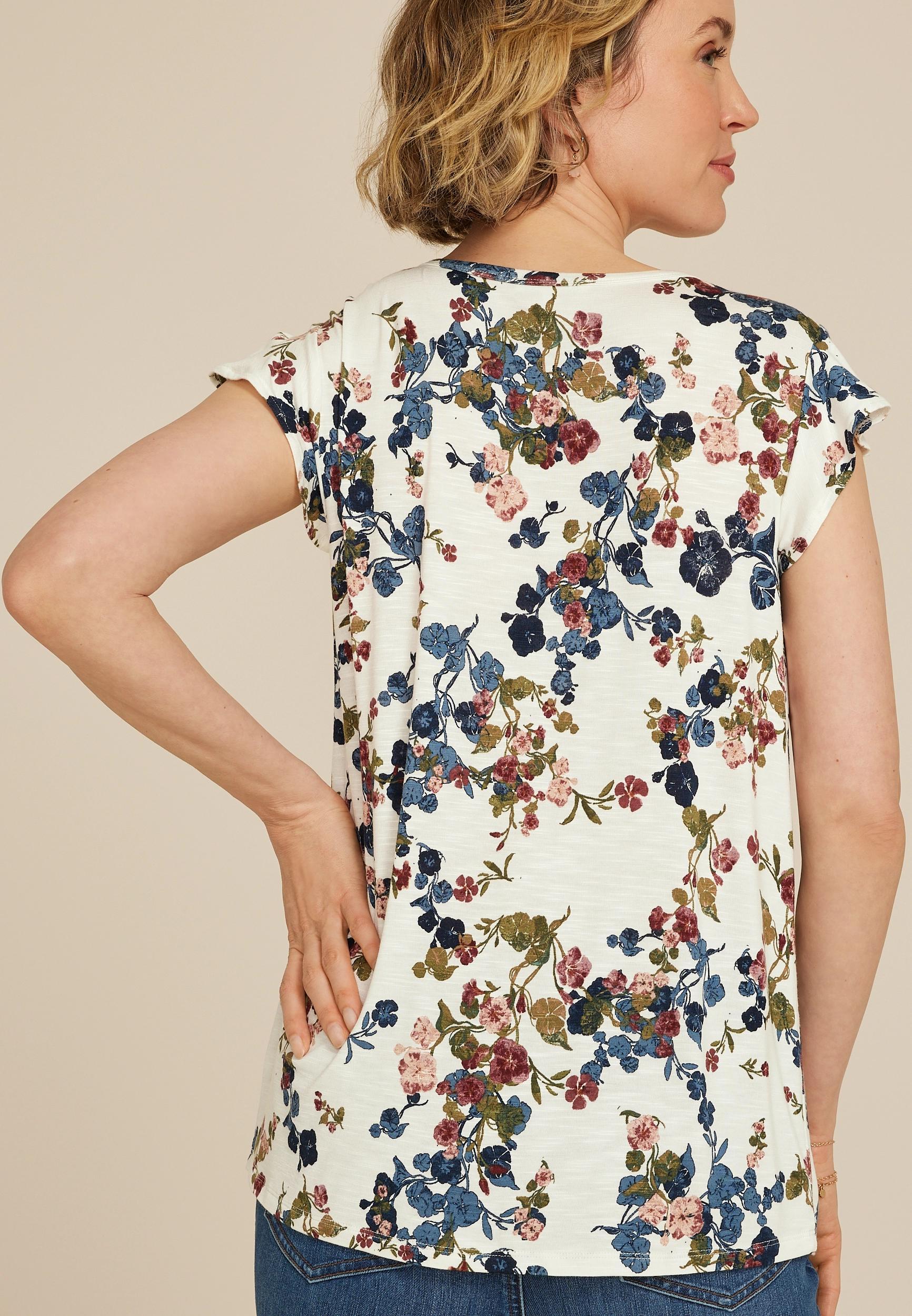 Maurices Womens X Large Size Floral Flutter Sleeve V Neck Tee Product Image
