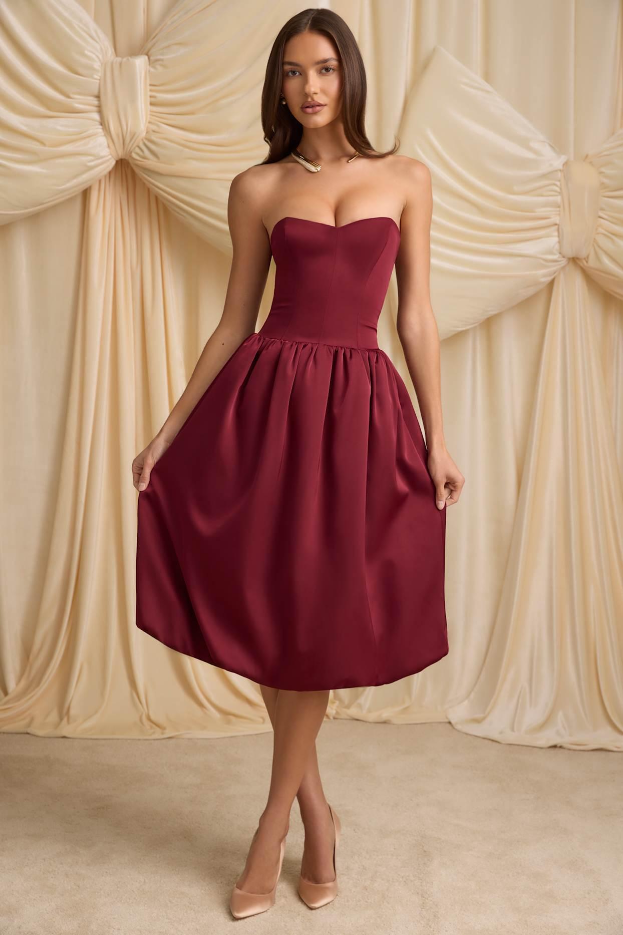 Convertible Bow-Detail Bubble Hem Midaxi Dress in Wine Red Product Image