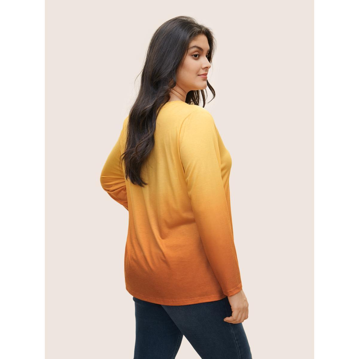 Plus Size Ombre Contrast Button Up T-shirt Yellow Women Resort Contrast Ombre V-neck Vacation T-shirts BloomChic 12/L Product Image