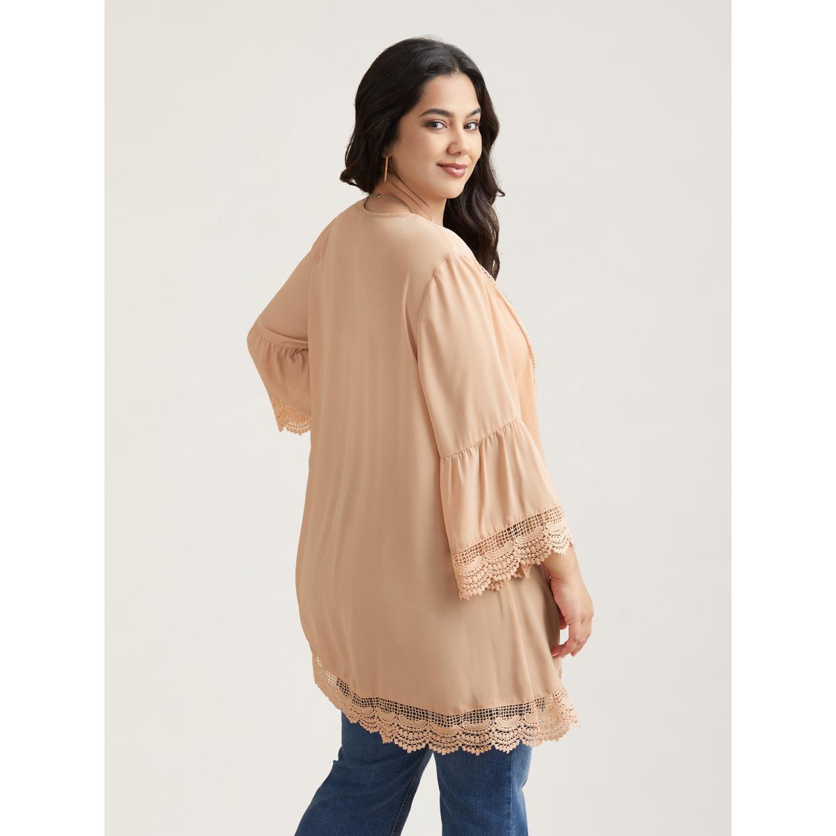 Plus Size Scalloped Lace Open Front Kimono Cardigan Women Wheat Resort Woven ribbon&lace trim Loose Vacation Kimonos BloomChic 30/6X Product Image