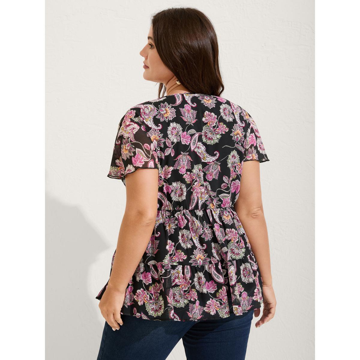 Plus Size Black Floral Paisley Print Ribbon Tie Blouse Women Cap Sleeve V-neck Vacation Blouses BloomChic 30/6X Product Image