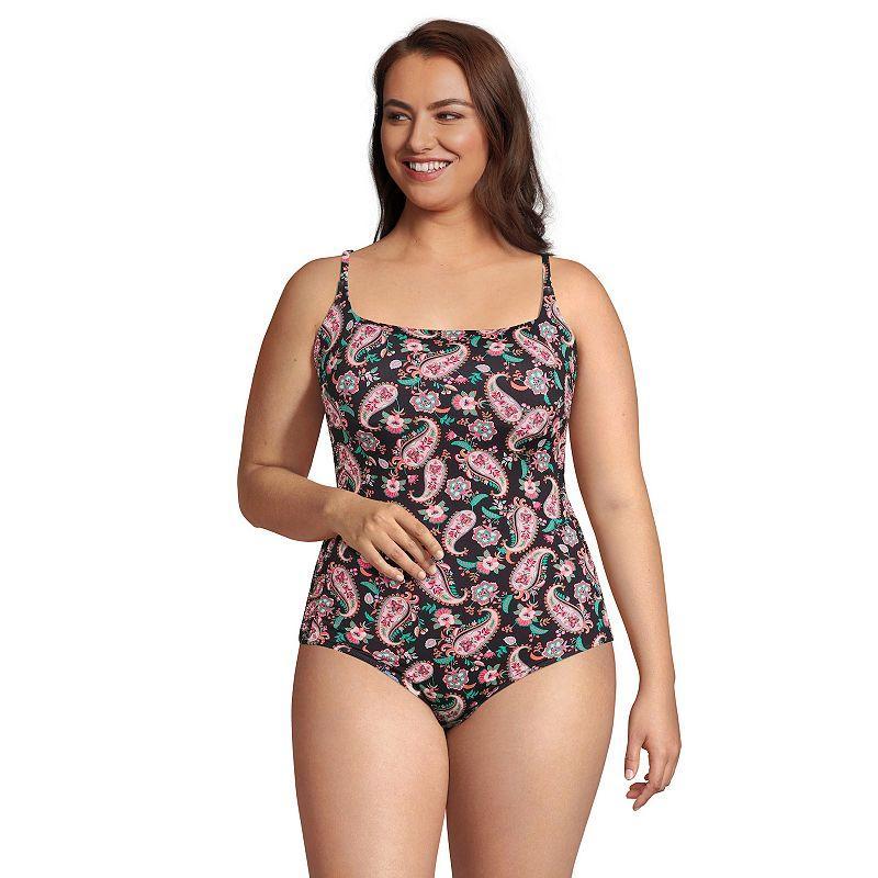 Women's Lands' End Smocked Square Neck UPF 50 One-Piece Swimsuit, Size: Small, Black Paisley Floral Product Image