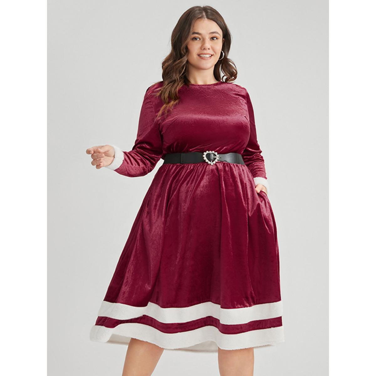 Plus Size Solid Contrast Fuzzy Trim Pocket Velvet Dress Scarlet Women Elegant Contrast Round Neck Long Sleeve Curvy Midi Dress BloomChic 26/4X Product Image