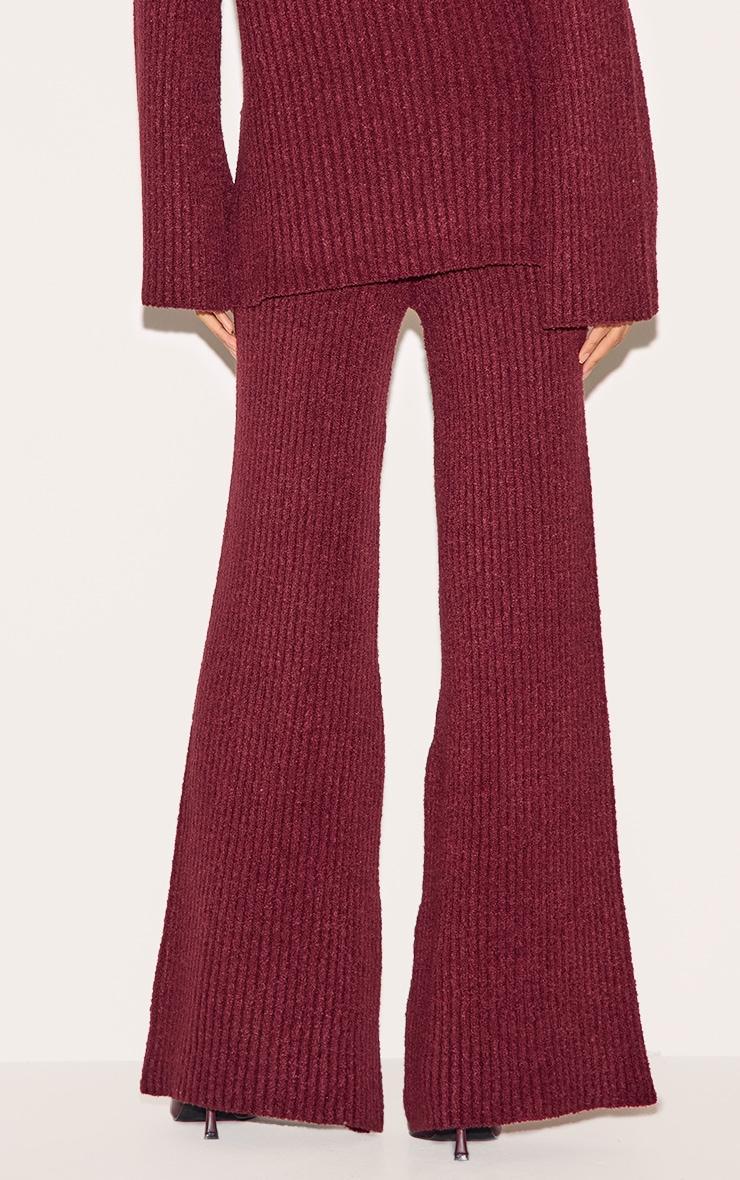 Burgundy Rib Boucle Knit Wide Leg Pants Product Image