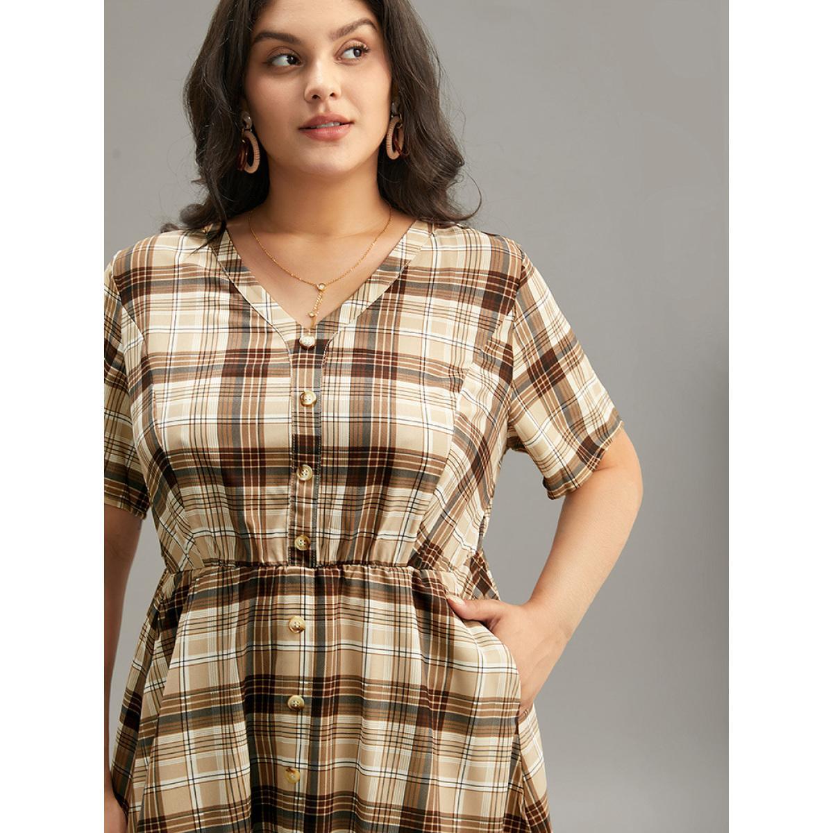 Plus Size Plaid Pocket V Neck Button Detail Dress Tan Women Casual Button V-neck Short sleeve Curvy Midi Dress BloomChic 14-16/1X Product Image