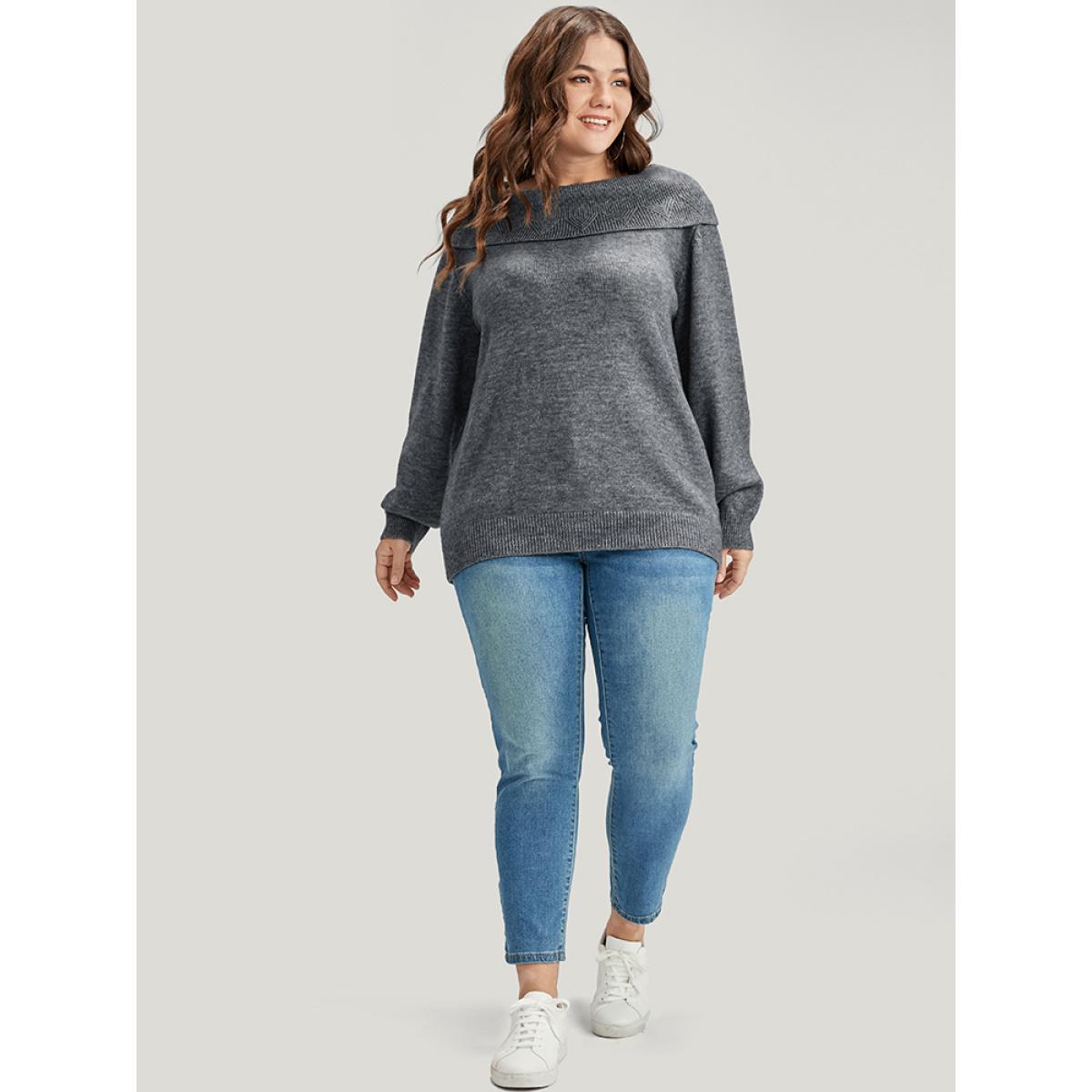 Plus Size Solid Pointelle Knit Foldover Off Shoulder Knit Top Gray Women Elegant Long Sleeve One-shoulder neck Dailywear Pullovers BloomChic 12/L Product Image