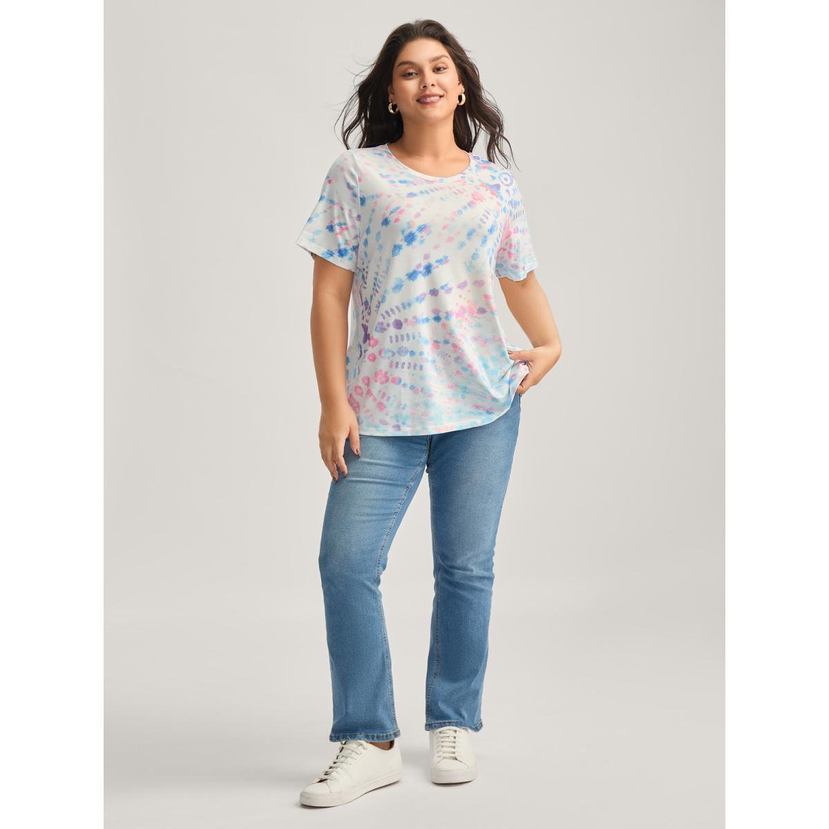Plus Size Tie-Dye Ombre Round Neck T-Shirt Multicolor Women Contrast Round Neck Everyday-Casual T-shirts BloomChic 22-24/3X Product Image