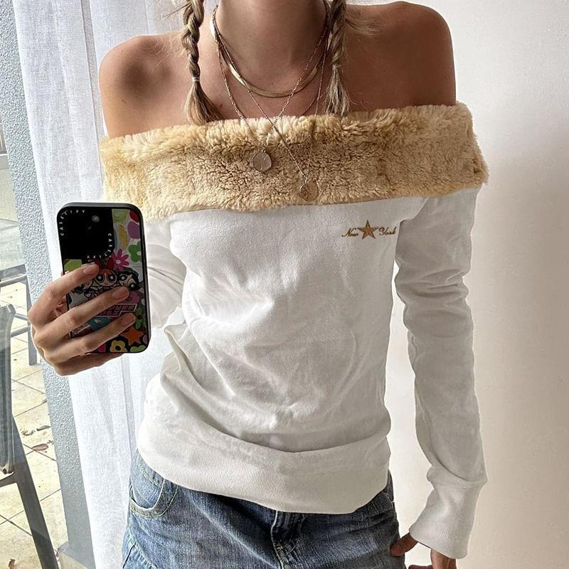Long Sleeve Faux Fur Trim Star Embroidered Slim-Fit Top Product Image